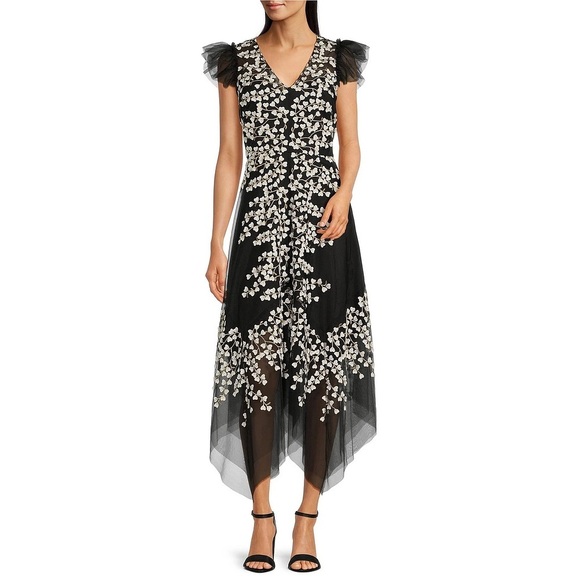 BCBGMAXAZRIA Black Embroidered Hearts Lace Feminine Asymmetrical Hem Dress 2 NWT - Picture 2 of 14